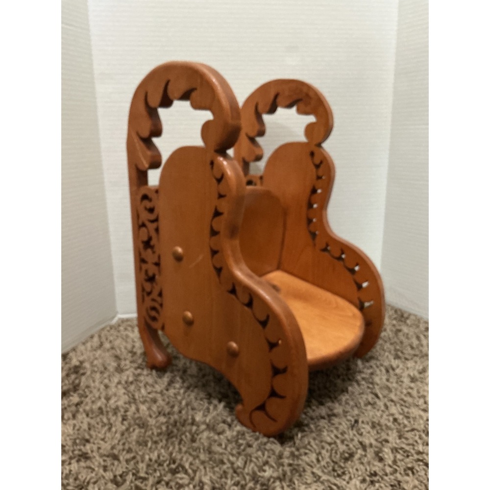 Vintage Ornate Carved Wooden Doll Chair Display Stand Scrollwork Detail 15.5in
